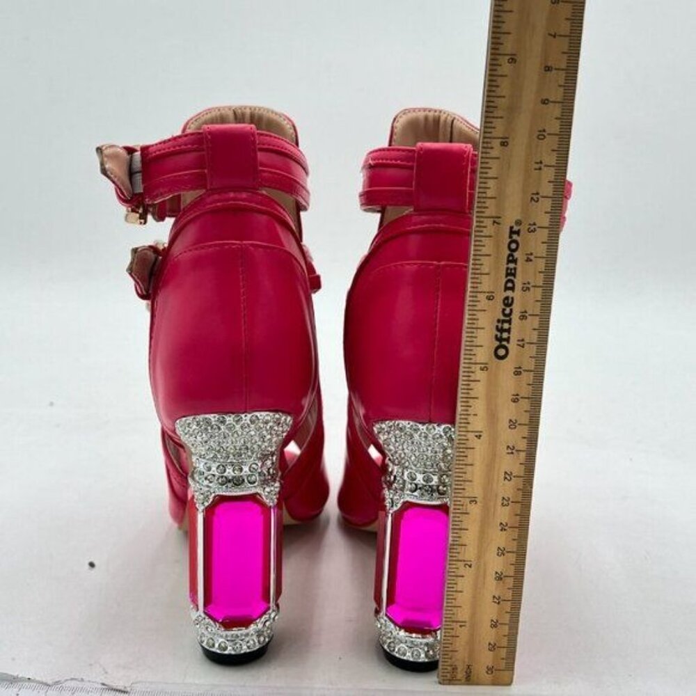 XYD Fuchsia Peep Toe Booties Style Pumps Fancy Cylindrical Crystal Heels Shoes - Picture 5 of 8